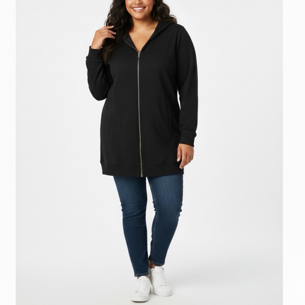 ELLOS Black French Terry Long Length Hoodie Full Zip Sweater Jacket L 18/20